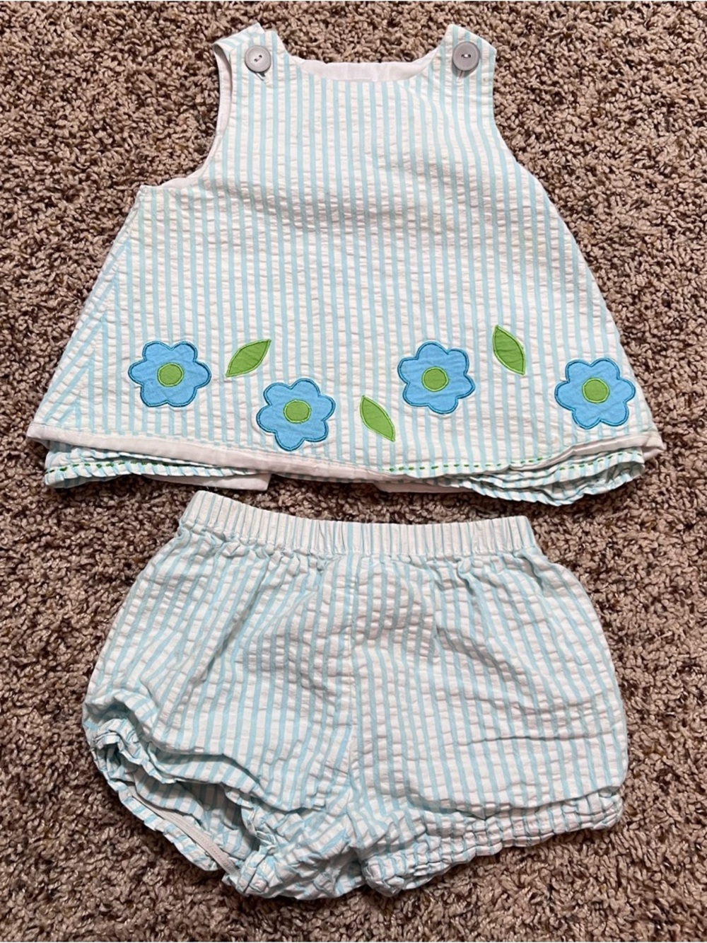 Florence Eiseman Girls Seersucker Flower Appliqué Swing Shorts Set size 24 month